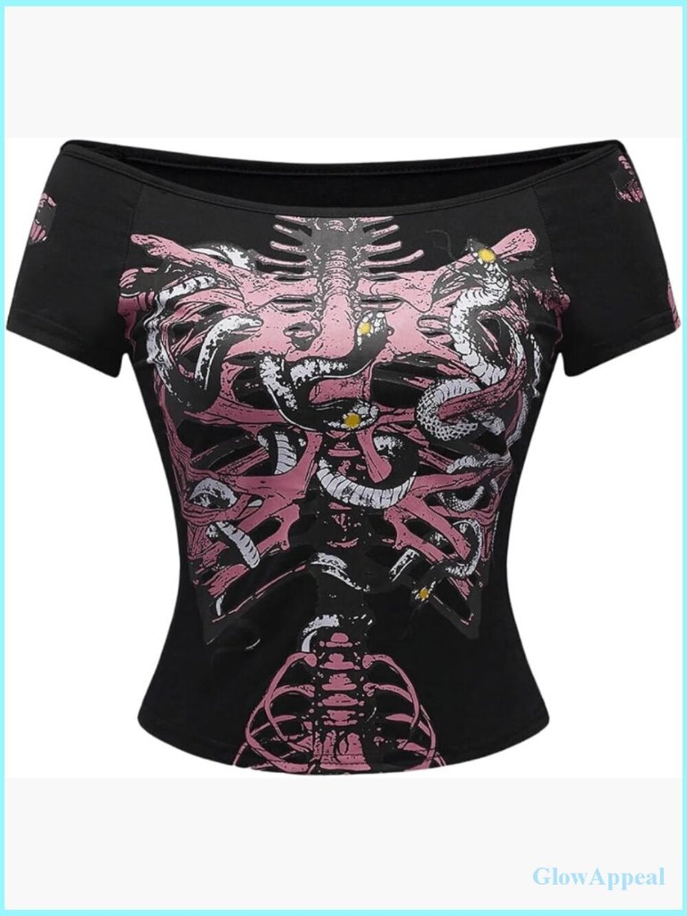 Off Shoulder Crop Top, Gothic Graphic Tee, Slim Fit, Short Sleeve